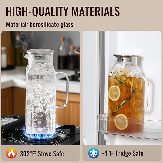 2 Liter/68 oz Square Glass Pitcher with Lid, Classic Stripes Water Pitchers with Handle for Fridge, Large Jug for Iced Tea, Coffee, Borosilicate Glass Carafe for Hot/Cold Brew Drink, Silver - Image 4