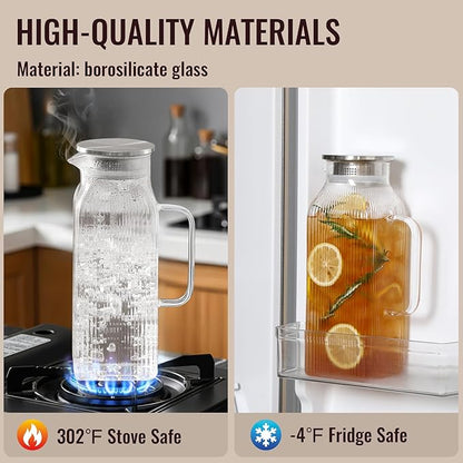 2 Liter/68 oz Square Glass Pitcher with Lid, Classic Stripes Water Pitchers with Handle for Fridge, Large Jug for Iced Tea, Coffee, Borosilicate Glass Carafe for Hot/Cold Brew Drink, Silver - Image 4