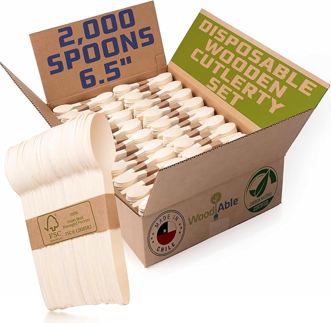 Disposable Wooden Cutlery Set - 100% Home Compostable - 2000 Spoons 6.5", Bamboo Utensils Alternative, Eco-Friendly, Organic, Sustainable and Carbon Neutral Certified by WoodAble
