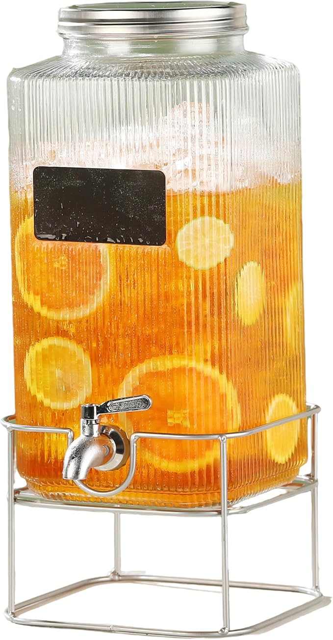 Lulonpon 6L(1.6 Gallon) Glass Drink Dispenser, Beverage Dispenser with Stainless Tap, Glass Water Juice Dispensers with Metal Stand, Water Jug with Tap Perfect for Parties,Weddings,Birthdays by Lulonpon