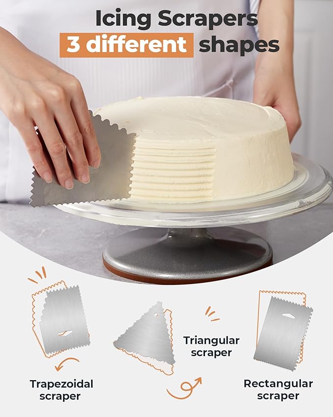 Kootek Aluminium Cake Turntable Set, Baking Tools with Revolving 12" Cake Stand for Decorating, 12.7" Offset Spatula, 3 Stainless Steel Frosting Icing Smoother, Cake Serve Cake Decorating Kit Supplies - Image 4