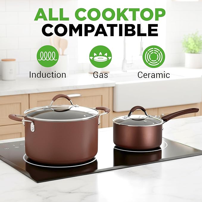 NutriChef 20 Piece Professional Home Kitchen Cookware and Bakeware, Pots and Pans Set Non Stick Kitchenware, Cool-Touch Handles, Safe for Gas, Electric, Induction Cooktops, Easy Clean, Brown - Image 2