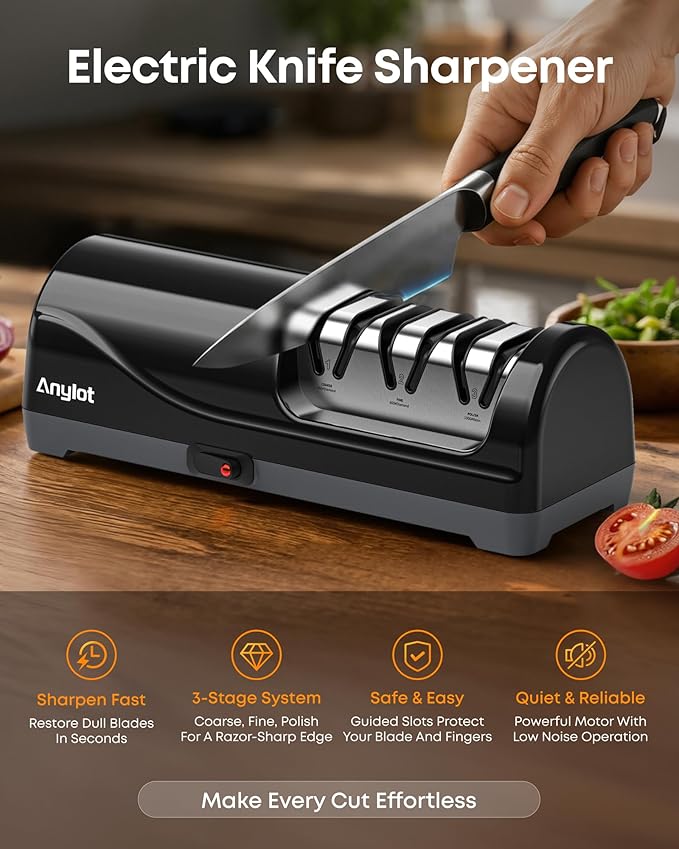 Electric Knife Sharpener for Kitchen, 3-Stage Knife Sharpener Electric with 100% Diamond Abrasives, 20° Precision Angle Guide, Fast & Safe Sharpening for Chef Knives, Home Use & Beginners (Black) - Image 2