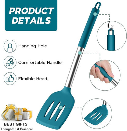 15pcs Kitchen Cooking Utensils Set with Holder, Onader Heat Resistant Silicone Kitchen Utensils Spatula Set with Stainless Steel Handle - Blue - Image 4