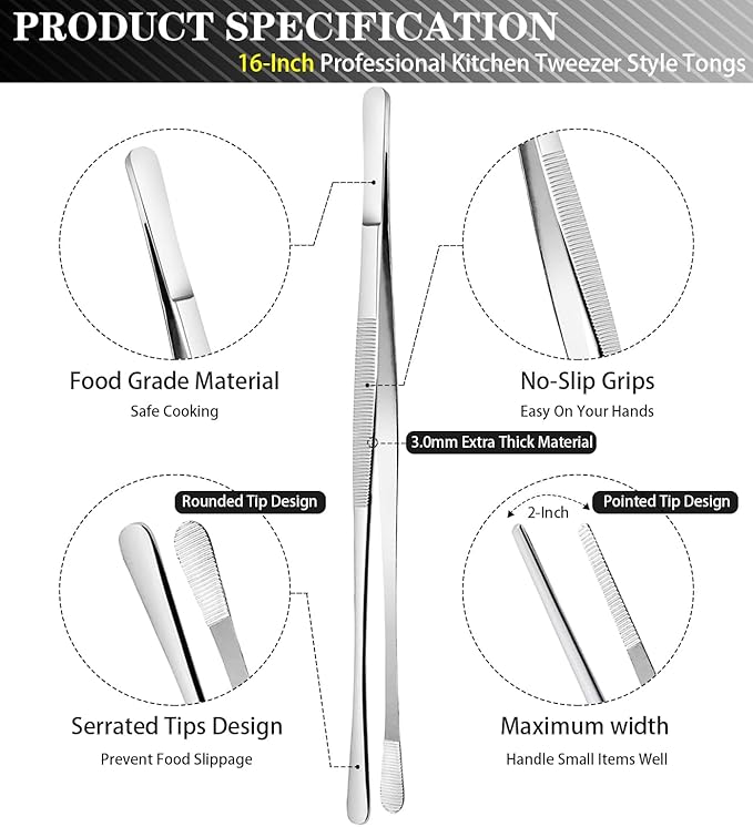JETKONG 2 Pcs 16'' Tweezer Tongs, Extra Large Food Tweezers, Extra Long Kitchen Tweezers for Cooking Repairing and BBQ (16-Inch, Silver) - Image 2