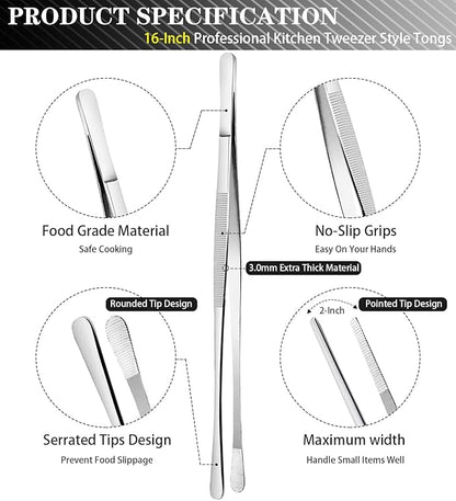 JETKONG 2 Pcs 16'' Tweezer Tongs, Extra Large Food Tweezers, Extra Long Kitchen Tweezers for Cooking Repairing and BBQ (16-Inch, Silver) - Image 2
