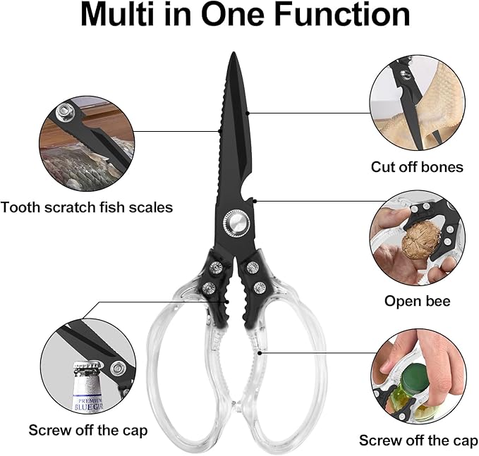 CGBE Kitchen Scissors, Multi-Purpose Kitchen Shears, Heavy Duty Food Scissors for Chicken, Poultry, Fish, Meat & Herbs with Non-Slip Grips (Transparent Black) - Image 2