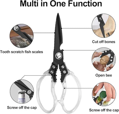 CGBE Kitchen Scissors, Multi-Purpose Kitchen Shears, Heavy Duty Food Scissors for Chicken, Poultry, Fish, Meat & Herbs with Non-Slip Grips (Transparent Black) - Image 2