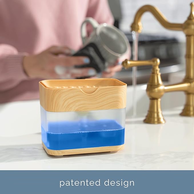 S&T INC. Dish Soap Dispenser and Sponge Holder for Kitchen Sink, Waterproof Labels and Sponge Included, 13 Ounces, Plastic, Bamboo - Image 5