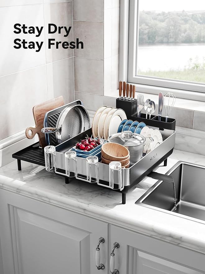SUNLY Large Dish Drying Rack, Expandable Dish Racks for Kitchen Counter, Space Saving 304 Stainless Steel Drying Rack Kitchen, Extra Large Drainer with Multifunctional Flip Up Pegs, Black - Image 8