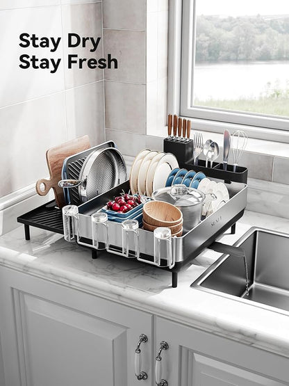 SUNLY Large Dish Drying Rack, Expandable Dish Racks for Kitchen Counter, Space Saving 304 Stainless Steel Drying Rack Kitchen, Extra Large Drainer with Multifunctional Flip Up Pegs, Black - Image 8