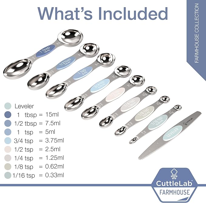 CuttleLab Magnetic Measuring Spoons Set - Stainless Steel, Double Ended, Stackable & Nested Design for Dry and Liquid Ingredients, Ideal for Spice Jars, 9-Piece Set with Leveler (Farmhouse)