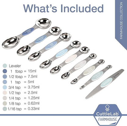 CuttleLab Magnetic Measuring Spoons Set - Stainless Steel, Double Ended, Stackable & Nested Design for Dry and Liquid Ingredients, Ideal for Spice Jars, 9-Piece Set with Leveler (Farmhouse)