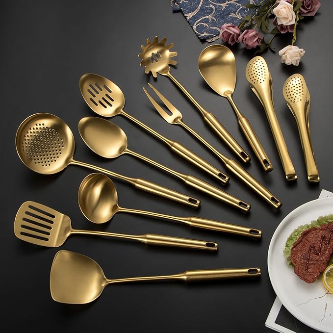 304 Stainlss Steel Matte Kitchen Utensils Set, 11 Pcs Long Metal Cooking Utensil Gadgets Tools Set with Spatula, Spoon, Ladle, Skimmer, Tunner, Pasta Server, Tongs(Gold, Dishwasher Safe) - Image 7