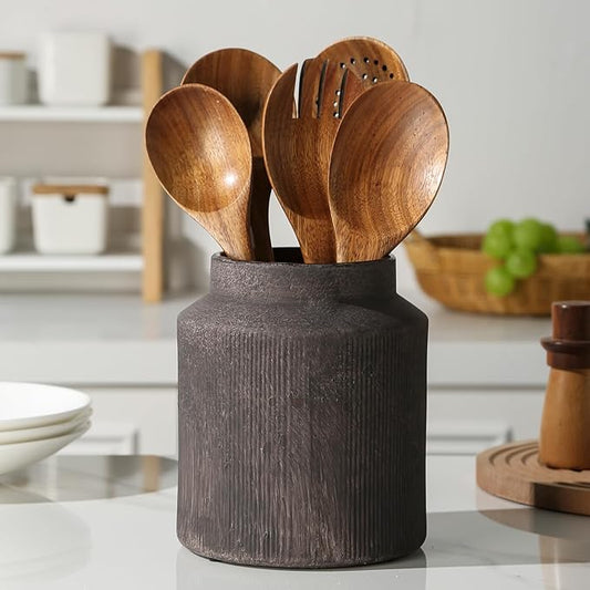 Farmhouse Ceramic Farmhouse Kitchen Utensil Holder for Countertop, Rustic Cooking Utensil Holder Crock Fit for Kitchen Counter. 6.1 x 6.1 x 7 IN by Unknown