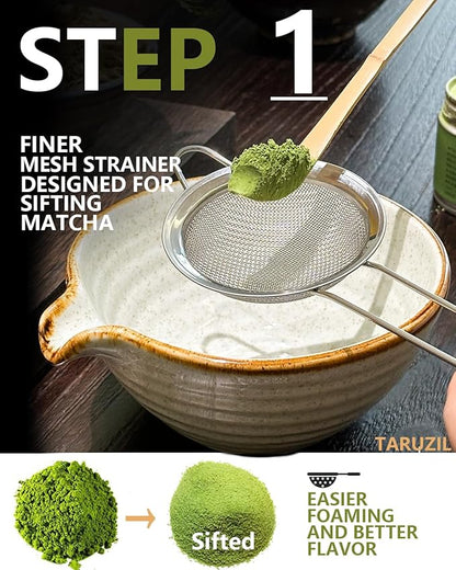 Taruzil Matcha Whisk Set with Matcha Bowl, Matcha Bamboo Whisk, Scoop, Sifter, Matcha Whisk Holder Unique Gifts for Women Mom Her Girl Friend Home Kitchen Decor Gifts for Christmas, Birthday