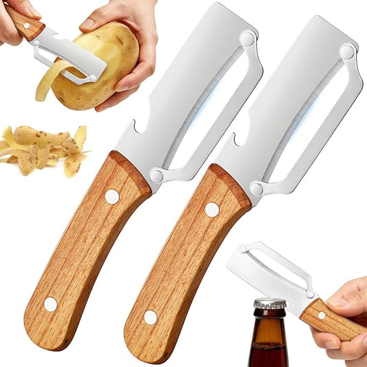 Multi-Functional Vegetable Peeler for Kitchen, 2-in-1 Stainless Steel Kitchen Tool with Bottle Opener and Wooden Handle Stainless Steel Blade for Fruit Apple Carrot Papaya Potato Pumpkin (2PCS)