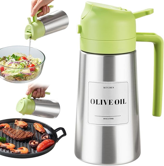PARACITY Oil Dispenser Bottle with Stainless Steel Shell & Ceramic Sprayed Interior, 2 in 1 Olive Oil Sprayer and Dispenser, Oil Spray Bottle for Cooking, Kitchen, BBQ, Air Fryer, Salad, Baking(Green) by PARACITY