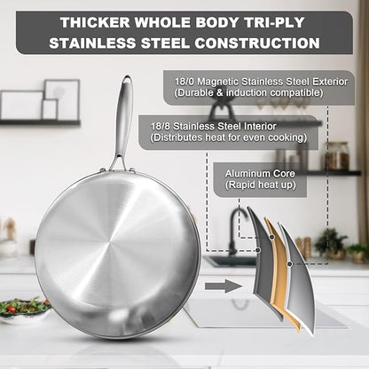 EWFEN 12 Inch Tri-Ply Stainless Steel Frying Pan, Compatible with All Cooktops Up to 600℉, Large Frying Pan Induction-Ready Skillet, Dishwasher and Oven Safe, Even Heat, 12" Skillet - Image 2