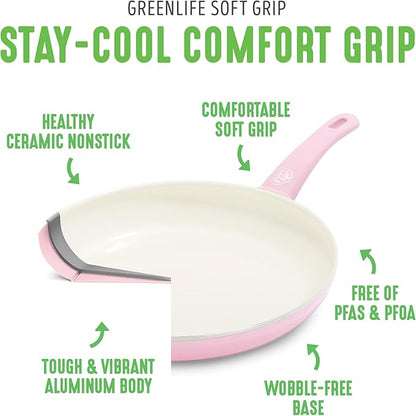 GreenLife Soft Grip Healthy Ceramic Nonstick 18 Piece Kitchen Cookware Pots and Frying Sauce Saute Pans Set, PFAS-Free with Kitchen Utensils and Lid, Dishwasher Safe, Soft Pink