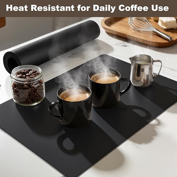 Coffee Mat,Absorbent Dish Drying Mat for Kitchen Counter,Coffee Bar Mat,Non-Slip Rubber Backed,Hide Stains & Quick Dry,for Espresso Machine,Coffee Station,Cups & Sink,16" x 24"(Black)
