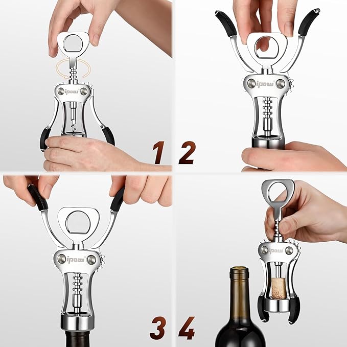 IPOW Wine Opener, Zinc Alloy Wine Bottle Opener, Wing Corkscrew Heavy Duty, Manual Multifunctional Cork Screw for Waiter, Silver - Image 8