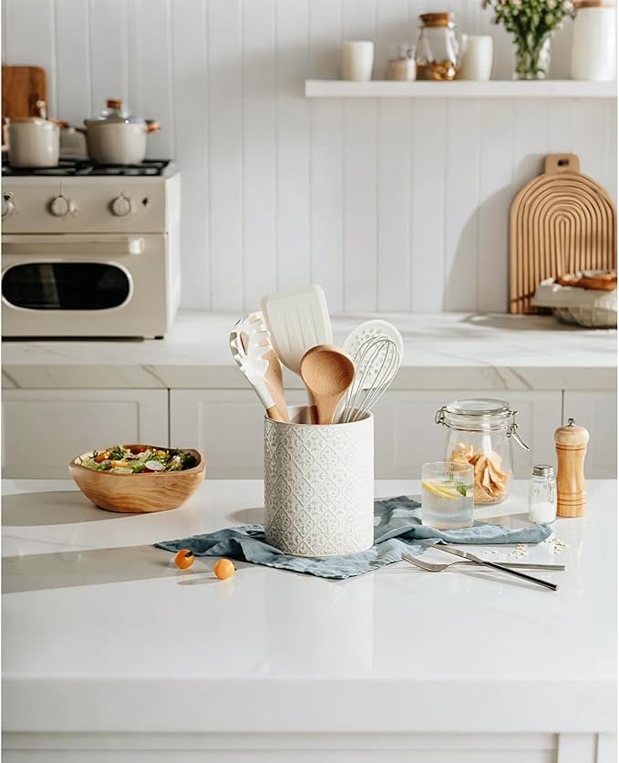 Kitchen Utensil Holder, 6x7 inch Large Ceramic Utensil Holder with Embossed Pattern, Cooking Utensil Crocks for Kitchen Countertop, Home Decor, Off-White - Image 6