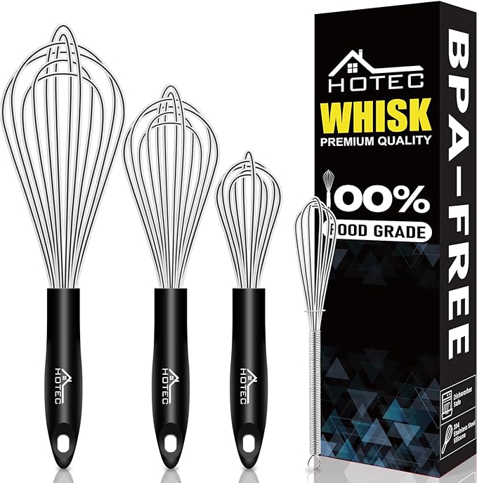 HOTEC 4 Pieces Stainless Steel Whisks Set, Wire Balloon Whisks Egg Beater, Thicken Wire &Non-slip Handle Whisk Perfect for Cooking, Stirring, Beating and Blending (Silver) by Hotec