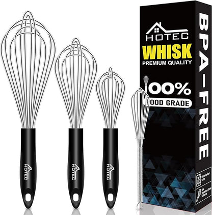 HOTEC 4 Pieces Stainless Steel Whisks Set, Wire Balloon Whisks Egg Beater, Thicken Wire &Non-slip Handle Whisk Perfect for Cooking, Stirring, Beating and Blending (Silver) by Hotec