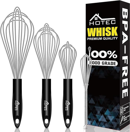 HOTEC 4 Pieces Stainless Steel Whisks Set, Wire Balloon Whisks Egg Beater, Thicken Wire &Non-slip Handle Whisk Perfect for Cooking, Stirring, Beating and Blending (Silver) by Hotec
