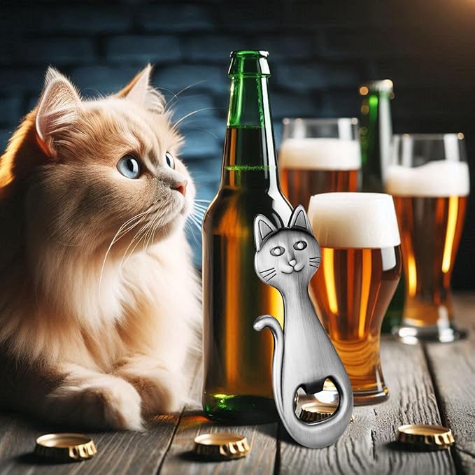 Cat Beer Bottle Opener, Cat Gifts for Cat Lovers, Kitty Beer Opener, Birthday Gifts, Christmas Gifts for Women Men, Silver with Bag