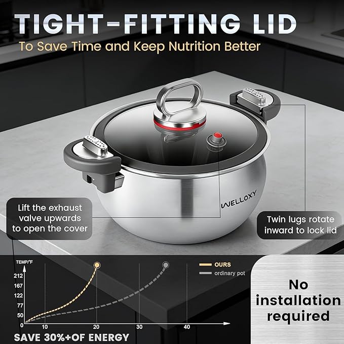 WELLOXY Stainless Steel Pot with Tight-Fitting Lid for Faster Cooking - 7.5 Qt Heavy-Duty Stock Pots for Stew Soup Pasta Gumbo with Stay-Cool Handles, Non-toxic Healthy Induction Cookware for Kitchen - Image 4