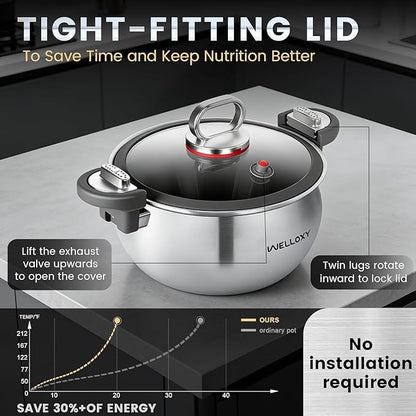 WELLOXY Stainless Steel Pot with Tight-Fitting Lid for Faster Cooking - 7.5 Qt Heavy-Duty Stock Pots for Stew Soup Pasta Gumbo with Stay-Cool Handles, Non-toxic Healthy Induction Cookware for Kitchen - Image 4