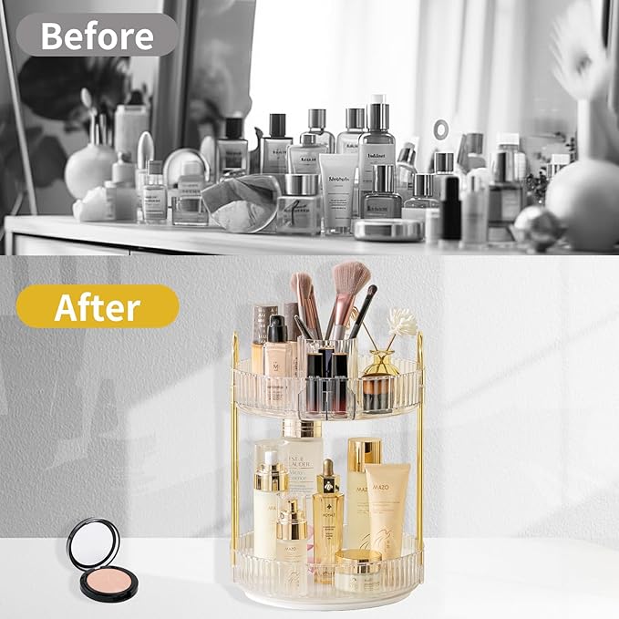 Asayuee 360 Rotating Makeup Organizer,2 Tier Large Capacity Make Up Organizers and Storage,Skincare Perfume Vanity Organizers,Bathroom Cosmetics Storage Organizer Countertop(Clear) - Image 5