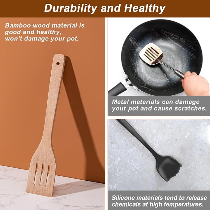 Eisinly Wooden Spoons for Cooking 7-Piece, Kitchen Nonstick Wood Cooking Utensils Set, Durability Wooden Spatula Spoon for Everyday Use, Light Yellow - Image 7