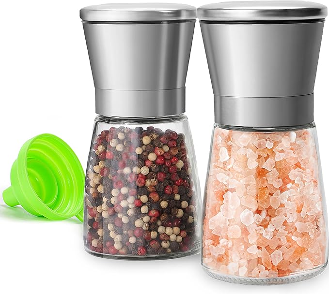 Stainless Steel Salt and Pepper Grinder Set of 2 - Pepper Mill & Salt Mill with Adjustable Coarseness - Glass Spice Shakers - Easy Clean Ceramic Grinders W/Funnel (2.6"W x 5.3"H) by MJINGMEI