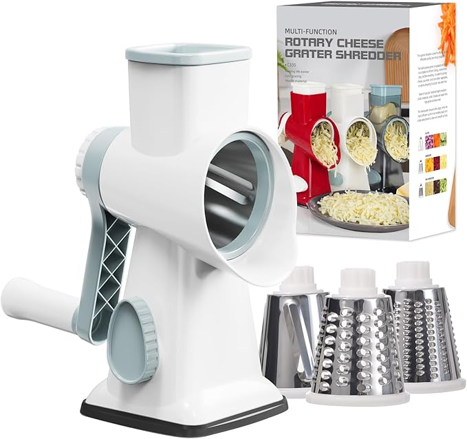 Cheese Grater Cheese Shredder with 3 Interchangeable Blades, Rotary Cheese Grater Manual Vegetable Slicer with Non-slip Suction Base Peanut Nuts Grinder Vegetable Shredder White by GORCI