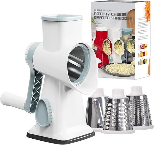 Cheese Grater Cheese Shredder with 3 Interchangeable Blades, Rotary Cheese Grater Manual Vegetable Slicer with Non-slip Suction Base Peanut Nuts Grinder Vegetable Shredder White by GORCI