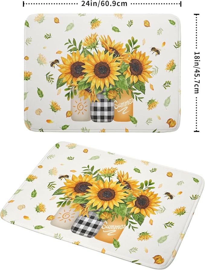 Giwawa Sunflower Vases Dish Drying Mat for Countertop, 18"x24" Summer Bee Floral Mason Jar Dish Drainer Mats, Fast Dry Microfiber Reversible Large Dish Drying Pad Kitchen Decoration