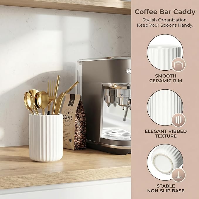 Ceramic Spoon Holder for Coffee Bar, Upright Tea Spoon Holder Cup, Coffee Stirrers Straws Stir Stick Holder, Spotted Beige Fluted Surface - Image 3