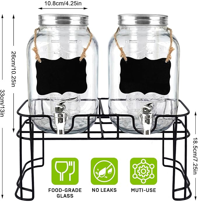 2 Pack 1 Gallon Drink Dispenser with Stainless Steel Spigot, Sun Tea Glass Mason Jar for Outside, Iced Lemonade Beverage Dispenser with Ice Core, Large Water Juice Jug, Punch Dispenser for Parties