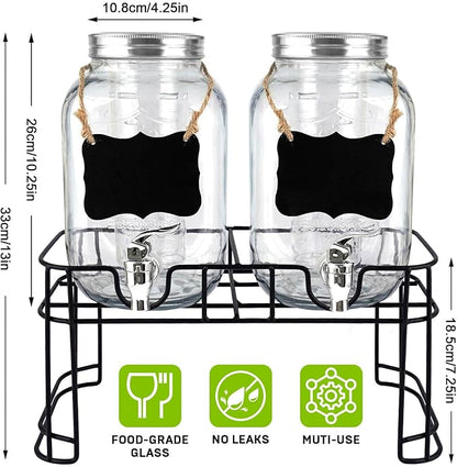 2 Pack 1 Gallon Drink Dispenser with Stainless Steel Spigot, Sun Tea Glass Mason Jar for Outside, Iced Lemonade Beverage Dispenser with Ice Core, Large Water Juice Jug, Punch Dispenser for Parties