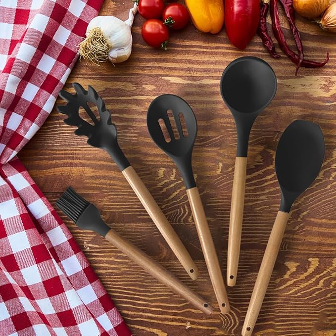 Cooking Utensils Set- 35 PCs Kitchen Utensils with Grater,Tongs, Spoon Spatula &Turner Made of Heat Resistant Food Grade Silicone and Wooden Handles Kitchen Gadgets Tools Set for Nonstick Cookware - Image 4