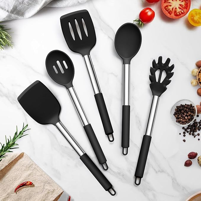 TeamFar Cooking Utensils Set, 5 PCS Silicone Kitchen Utensils with Stainless Steel Handle, for Nonstick Cookware Flipping Frying Turning Draining, Heatproof & Healthy, Nonstick & Easy Clean, Black - Image 7