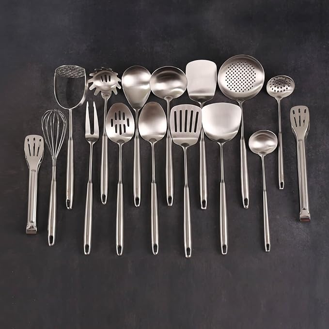 18/10 Stainless Steel Cooking Utensils Set - 16 PCS All Metal Serving Utensils, Kitchen Tools - Whisk, Masher, Fork, Tongs, Solid/Slotted Spoon, Spatula, Turner, Ladle, Skimmer, Pasta, Large Spoon Set - Image 7
