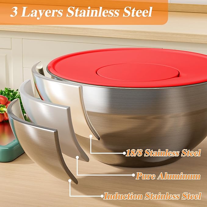 Mixing Bowls with Lids Set, 6 PCS Stainless Steel Mixing Bowls with 3 Grater Attachments, Kitchen Food Organizers Nesting Mixing Bowl, Large Size 4.5, 3.5, 2.1, 1.5, 1.1, 0.7QT-Colorful - Image 6