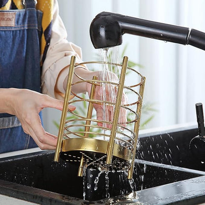 Gold Kitchen Utensil Holder for Kitchen Counter, Stainless Steel Utensil Crocks, Gold Titanium Coating Utensil Storage Caddy Organizer, Cooking Utensil Holder, Easy Cleaning (Gold/7.4''x5.2'') - Image 6