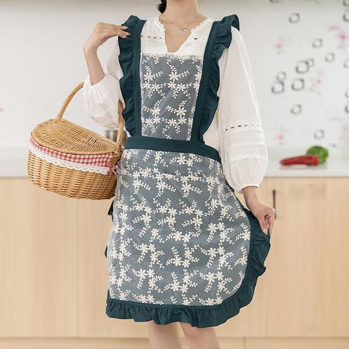 Pinknoke Vintage Pinafore Apron Dress for Women with Pockets Cute Floral Chef Aprons for Kitchen Cooking Baking Gardening - Image 2