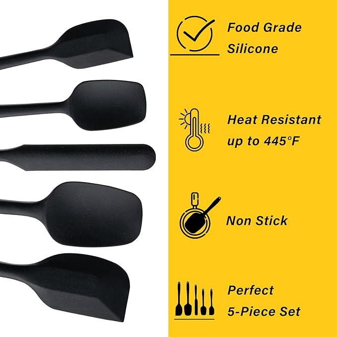 Silicone Spatula Set, 5 Piece Food Grade Rubber Spatulas for Baking, Cooking, and Mixing High Heat Resistant Non Stick Dishwasher Safe BPA-Free (Black) - Image 3
