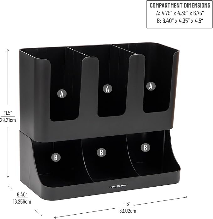 Mind Reader Cup and Condiment Station, 13 Inch Countertop Coffee Bar Organizer with 6 Compartments, Storage Caddy for Cups, Lids and Packets, Plastic, Black - Image 3
